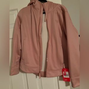 Light pink North Face hoodie with thinner Sherpa lining. Rose gold hardware. XL